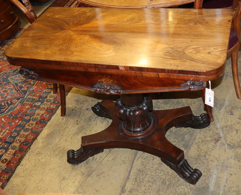 A William IV rosewood folding card table, W.91cm, D.45cm, H.73cm